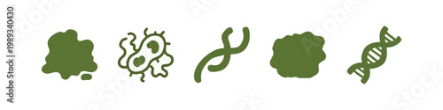 Set of hand drawn biological icons including bacteria DNA and cell structures
