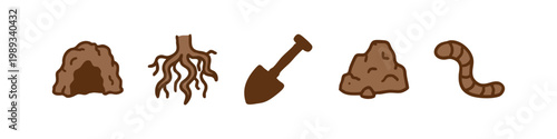 Set of hand drawn underground and gardening icons with roots shovel and worm