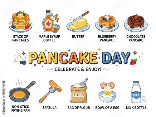 Pancake Day celebration with delicious pancake ingredients and cooking items