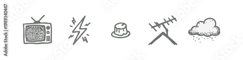 Hand drawn miscellaneous icons set with retro television lightning bolt and weather elements