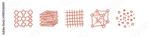 Hand drawn scientific and structural icons representing molecules layers and grids