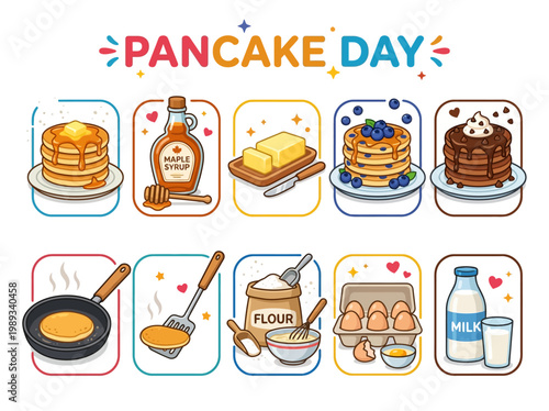 A delightful collection of illustrations celebrating pancake day with various toppings and ingredients