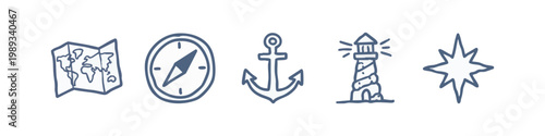 Hand drawn nautical and navigation icons set with anchor lighthouse and compass