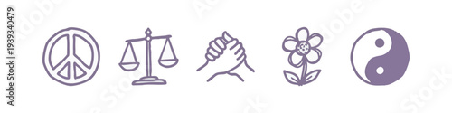 Set of hand drawn peace and harmony icons including scales of justice and yin yang