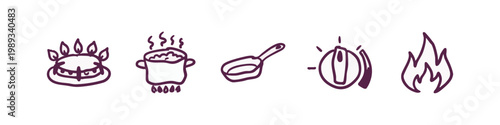 Hand drawn kitchen and cooking icons set with stove burner pot and fire