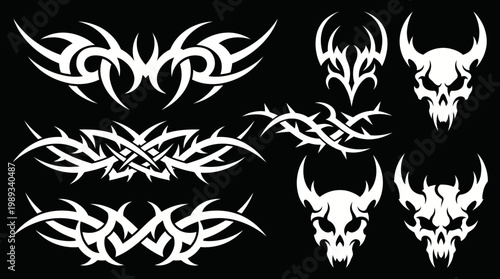 Set of white tribal tattoo designs and skull emblems.