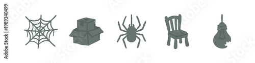 Set of hand drawn abandoned attic icons including cobweb spider and broken bulb