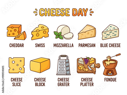A vibrant illustration showcasing various types of delicious cheese and cheese-related items, perfect for food enthusiasts and celebrations