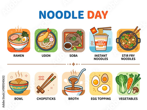 Delicious Noodle Day Menu A Variety of Popular Noodle Dishes and Ingredients Illustrated