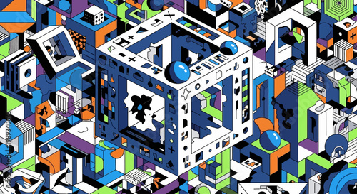 Vibrant isometric abstract cityscape illustration, an intricate digital labyrinth of interconnected geometric structures and surreal architectural forms, evoking complex urban networks