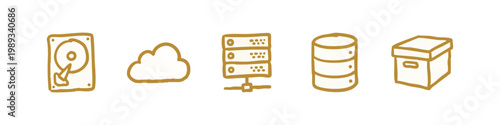 Data Storage and Cloud Computing Hand Drawn Gold Icon Set