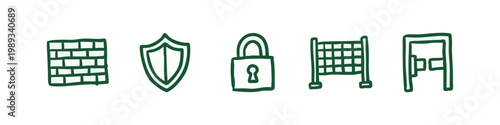 Security and Protection Symbols Hand Drawn in Green Doodle Style
