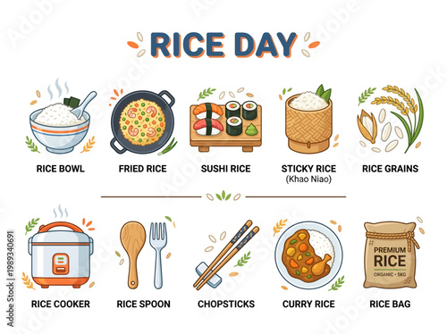 Celebrating Rice Day A Culinary Journey Through Delicious Rice Dishes, Grains, and Cooking Utensils