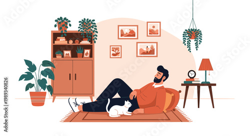 Man relaxes on a decorative rug in his cozy living room with his white cat while surrounded by indoor plants and bookshelves.