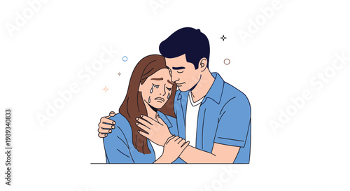 Kind young man comforting a crying woman by embracing her and offering emotional support in a difficult moment.
