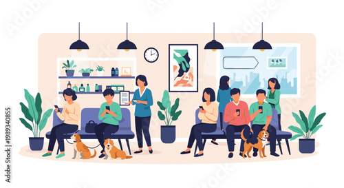 Diverse people wait in a comfortable reception area using their smartphones while some have brought their dogs to the office.