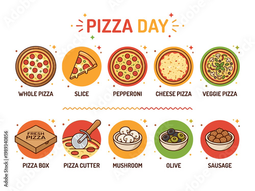 Delicious assortment of pizzas, slices, and pizza-making accessories, perfect for celebrating Pizza Day with a variety of flavors
