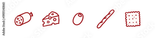 Appetizer Food and Charcuterie Red Hand Drawn Icon Collection