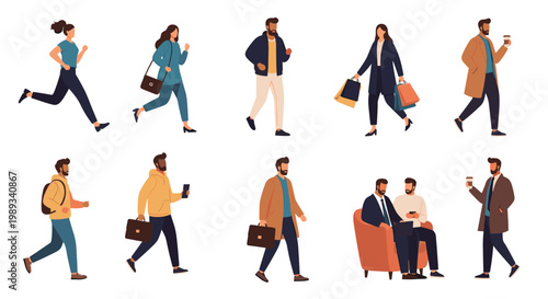 Large set of diverse people in various daily activities including running walking shopping and working in office settings.