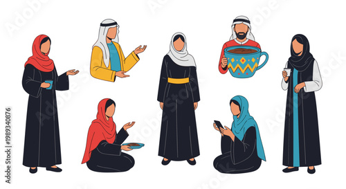 Group of Arab people in traditional clothing such as abayas and thobes participate in daily activities like drinking coffee.