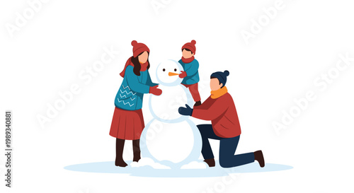Happy family including parents and a young child building a large snowman together in a snowy field during winter holidays.