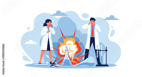 Professional scientists in white lab coats expressing shock and fear after a chemical explosion in a laboratory.