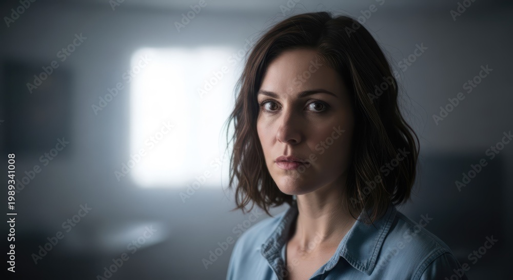 Fototapeta premium A woman with shoulder-length brown hair, wearing a denim shirt, stands in a dimly lit room with a soft, diffused light source in the background. 