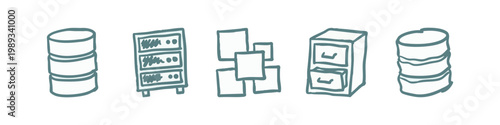 Data and storage hand drawn icons featuring server rack database and filing cabinet in dark grey
