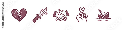 Emotional and conceptual hand drawn icons featuring broken heart knife and sinking ship in dark red