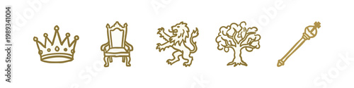 Royal and majestic hand drawn icons featuring crown throne lion and scepter in gold color