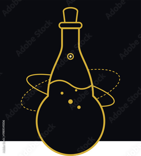 Gold line art of a magic potion flask with orbiting celestial rings on black background