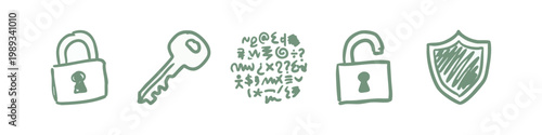 Tableau sur toile Security and privacy hand drawn icons with padlocks key and shield in sage green