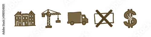 Real estate and construction hand drawn icons featuring houses crane and dollar sign in brown