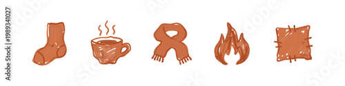 Cozy and winter hand drawn icons including coffee cup scarf and flame in orange color