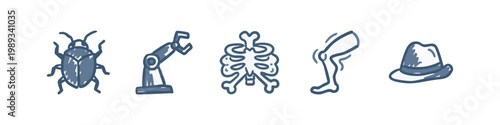 Collection of hand drawn icons featuring bug robot arm ribcage and hat in dark blue