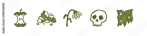 Decay and nature hand drawn icons featuring skull apple core and wilting flower in olive green