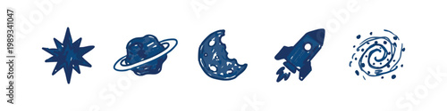 Space exploration hand drawn icons with planet moon and rocket ship in dark blue color