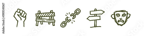 Protest and Resistance Hand Drawn Icons Set with Fist and Broken Chains