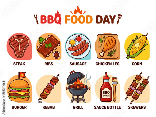 BBQ Food Day illustration featuring various grilled and prepared dishes including steak, ribs, sausage, chicken leg, corn, burger, kebab, grill, sauce bottle, and skewers