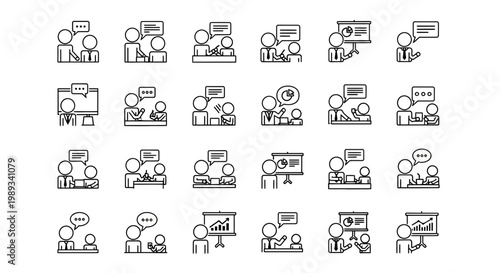 Collection of business meeting and communication line icons representing collaboration and teamwork concepts