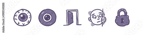 Horror and surveillance hand drawn icons with eyeball camera and scared person in purple