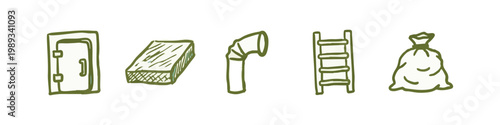 Industrial and Storage Hand Drawn Icon Set with Ladder and Sack