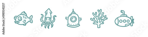 Underwater Exploration and Marine Life Icons Hand Drawn Set