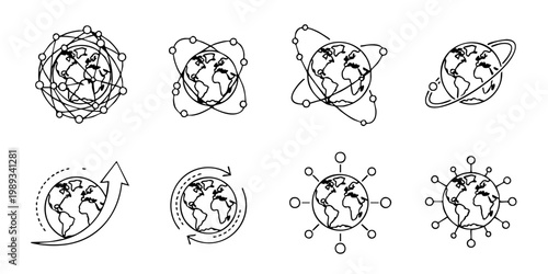 Eight illustrations of Earth from space show various environmental and astronomical connections.