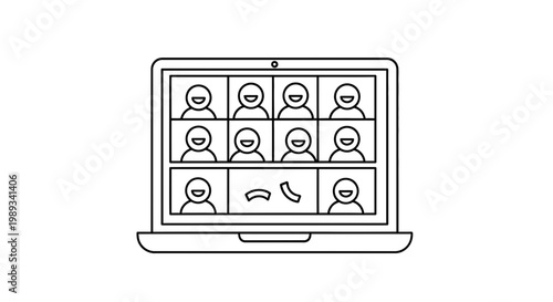 Virtual meeting illustration a laptop displaying multiple video conference participants in grid view