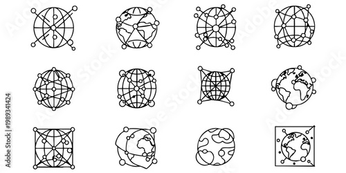 Various geometric shapes and illustrations of globes are displayed.