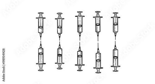 A row of syringes medical illustration depicting injection tools and healthcare concepts in black and white