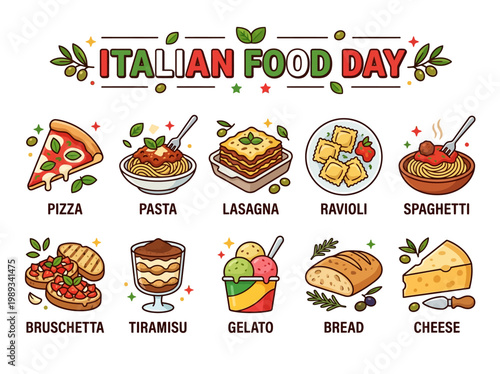 A colorful vector illustration celebrating Italian Food Day with various iconic dishes like pizza, pasta, lasagna, ravioli, spaghetti, bruschetta, tiramisu, gelato, and bread