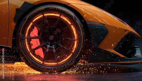 A vibrant orange sports car wheel glows with neon light during a dynamic drift.