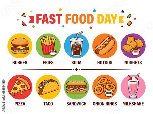 Collection of delicious fast food items including burgers, fries, soda, hot dogs, nuggets, pizza, tacos, onion rings, and milkshakes, perfect for a festive day